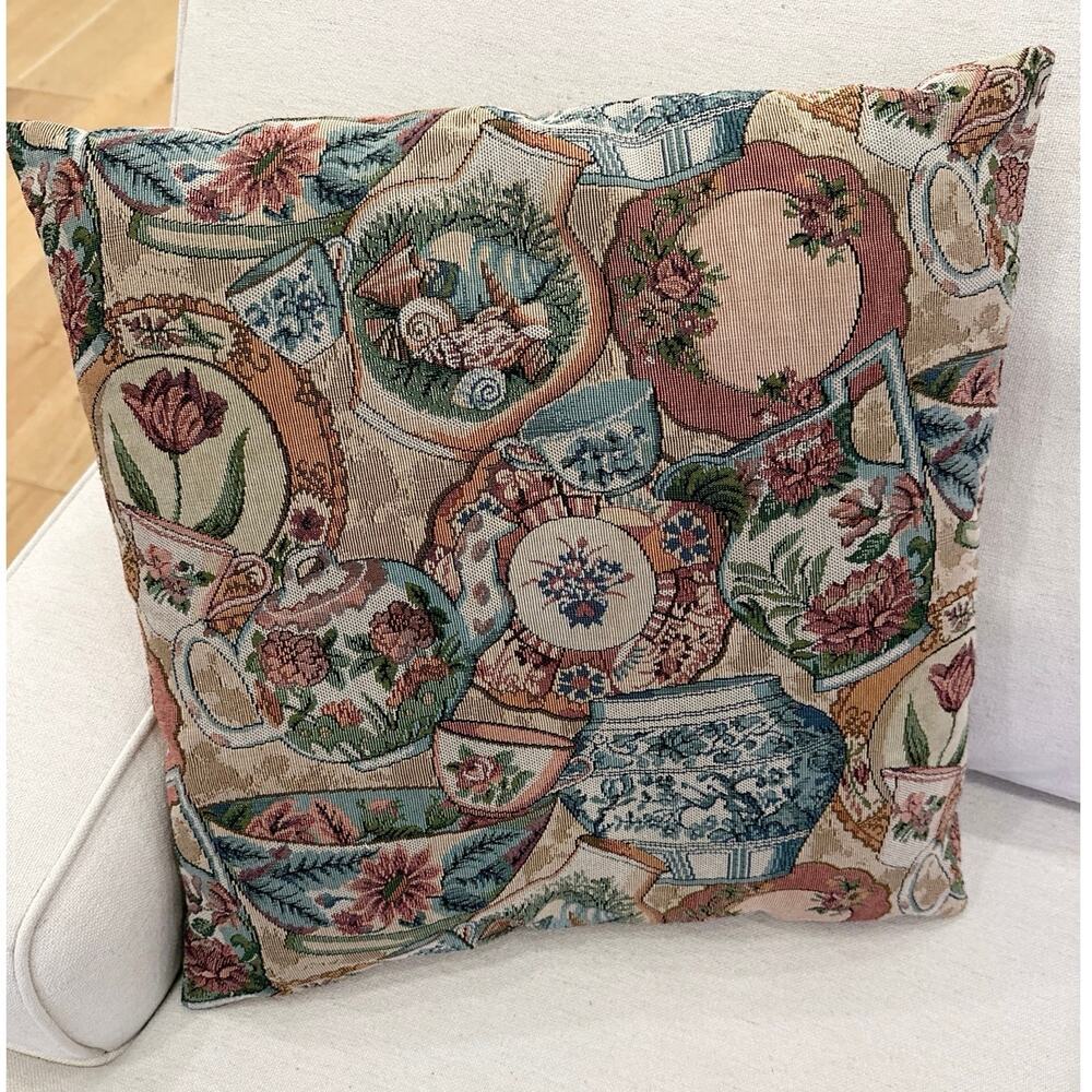 Vintage Floral Teacup Saucer Tapestry Throw Pillow 18.5” x 18.5”
Pink Green Tan